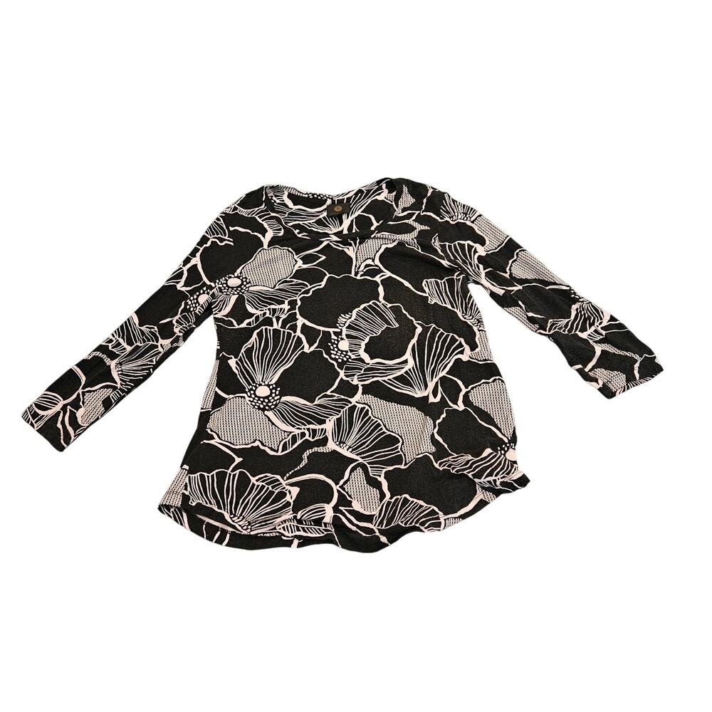 JM Collection Petite Black White Floral Print 3/4 Sleeve Knit Top Blouse